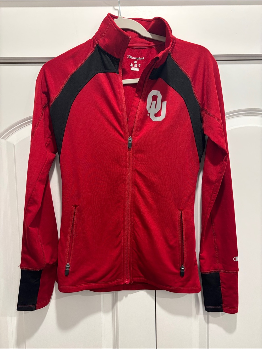 Champion Women's Red and Black OU Zip-Front Varsity Jacket
